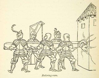 1872 Wood Engraving Medieval Battering Ram Siege Battle Assault Castle Tower Art   Original In Text Wood Engraving   Prints