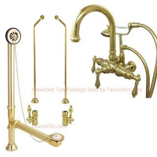Polished Brass Wall Mount Clawfoot Tub Faucet Package w Drain Supplies Stops CC3013T2system   Bathtub And Showerhead Faucet Systems  