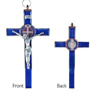 St. Benedict Blue enamel Crucifix, 7 1/2 by 4 inches   Wall Crosses