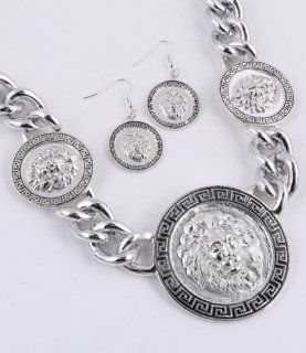 Lion Head Necklace Earring Set   Silver Jewelry