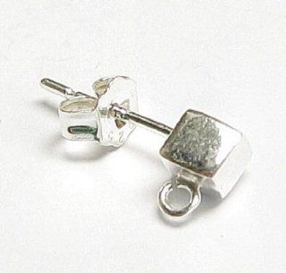 2 pcs .925 Sterling Silver Earring Connector Posts Cube With Loop For Dangle w/ Clutches / Ear nut / Findings / Bright