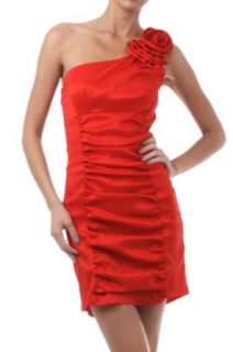 One Shoulder Ruched Evening Cocktail Party Taffeta Metallic Mini Dress, Small, Classic Red
