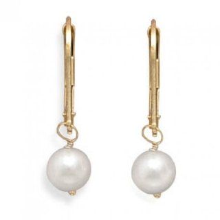 MMA Silver   Grade AAA 5.5 6mm Cultured Akoya Pearl Drop Earrings with Yellow Gold Lever Backs Jewelry