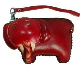 Genuine Leather Wristlet Change Purse. A Whole Elephant Pattern. Zipper Closure, Red. Clothing
