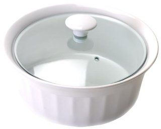 Housewares International 2 Quart Ceramic Ribbed Round Casserole Baking Dish with Glass Lid, White Kitchen & Dining