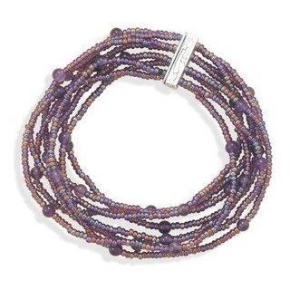 Eight Strand Purple Seed Bead and Amethyst Stretch Bracelet Sterling Silver Kokopelli Bar Jewelry