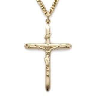 24K Gold Over .925 Sterling Silver Crucifix Pendant Necklace in a Tube Design Catholic Jewelry Crucifix Pendant Necklaces Gift Boxed.w/Chain Necklace 18" Length Gift Boxed. Jewelry