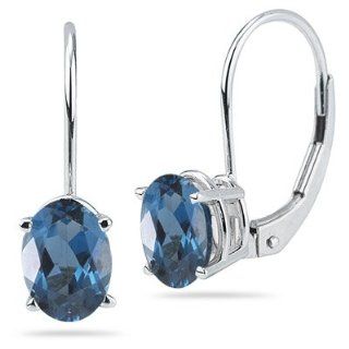 4.06 Cts of 9x7 mm AAA Oval London Blue Topaz Stud Earrings with Lever Backs in 14K White Gold Jewelry