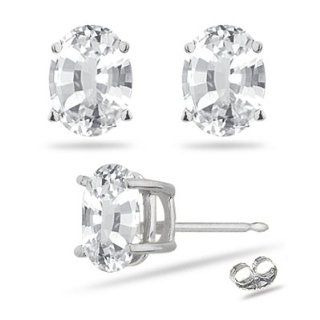 1.58 Cts of 7x5mm AAA Oval Natural White Sapphire Stud Earrings in 14K White Gold Jewelry