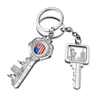 2x I Love USA New York Skyline, Statue of Liberty, Empire State Building, American Flag Design Key Shape Patriotic Keychain Set  Key Tags And Chains 