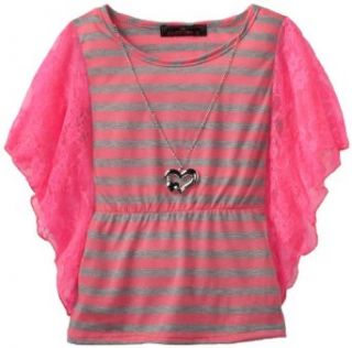 Almost Famous Girls 7 16 Stripe/Solid Bat Wing Top, Neon Pink/Heather Gray, Small (7/8) Fashion T Shirts Clothing