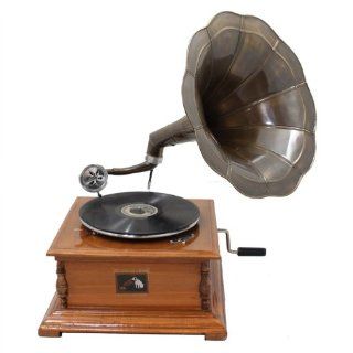 Antique Replica RCA Victor Phonograph Gramophone with Dark Aged Bronze Horn   Turntables