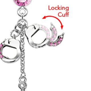 Belly Navel Ring Pink Gemed Handcuffs and Key piercing bar (actually open) 