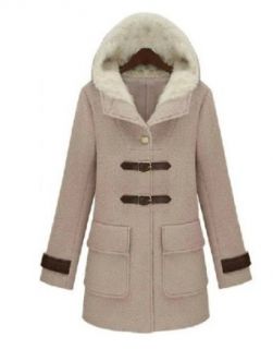 Aokin Women's Long Sleeve Thicken Woolen Winter Button Coat Slim Trench Winter Jacket Hood Outerwear Overcoat (XL, Beige)