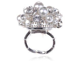 Faux Pearls Crystal Rhinestone Roses Flower Silver Tone Metal Stretch Adj Ring Jewelry