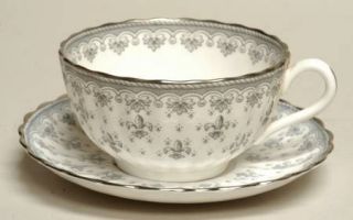 Spode Fleur De Lys Grey (Bone,Platinum Trim) Flat Cup & Saucer Set, Fine China D