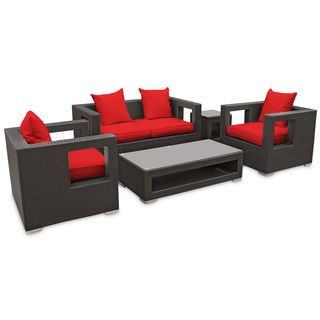 Lunar Outdoor Rattan 5 piece Set In Espresso With Red Cushions
