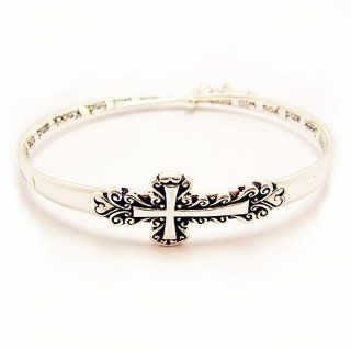 Inspirational Cross Shaped Bangle Bracelet; Silver Tone Metal with Cross Charm; 2.75" Diameter; Engraved words "Ask it will be given to you; Seek and you will find, knock and the door will be opened to you." Jewelry