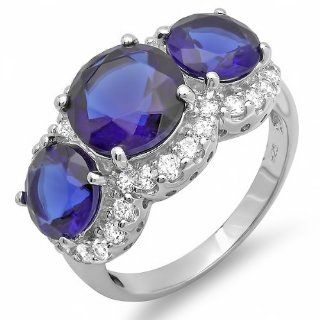 4.50 CT Three Stone Sterling Silver Ladies Round Deep Blue Sapphire Cubic Zirconia CZ Classic Engagement ring 0.51 inch (Available in size 6, 7, 8) size 8 Jewelry