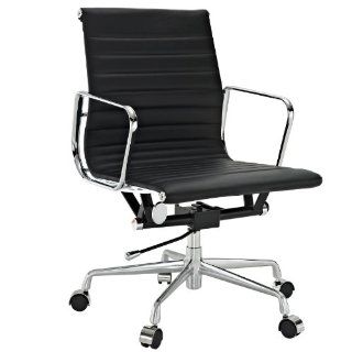 LexMod Ribbed Mid Back Office Chair in Black Genuine Leather   Desk Chairs