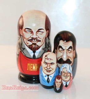 Nesting 6" Doll 5 Matryoshka LENIN/STALIN/MEDVEDEV [Made in Russia. 5 pieces Artist Abakumov. Height 6 inches (15 cm); Materials linden wood, gouache, lacquer] [This amusing matryoshka is like a history lesson in miniature. The first and largest do