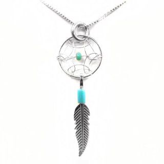 Dream Catcher Sterling Silver Turquoise Imitation Box Chain 18" Delicate Extremely Tiny Feather Pendant Pendant Necklaces Jewelry