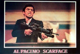 HUGE LAMINATED / ENCAPSULATED Scarface   Machine Gun Colour Film POSTER measures approximately 100x70 cm Greatest Films Collection Directed by Brian De Palma. Starring Al Pacino, Steven Bauer, Michelle Pfeiffer.   Prints