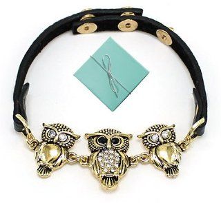 Three Owl with Crystal Stone Black Leather Bracelet with Adjustable 3 Button Clasp in a Gift Box by Jewelry Nexus, "A wise old owl sat on an oak; The more he saw the less he spoke; The less he spoke the more he heard; Why aren't we like that wise 