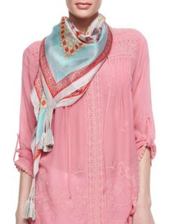 Johnny Was Collection Lacy Yoke Tie Neck Top & Alamo Mint Printed Silk Scarf