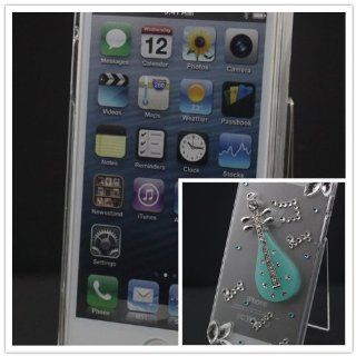 Big Dragonfly ( High Quality ) Beautiful Clear 3D Bling Diamond Rhinestone Skin Case Hard Below Cover for Apple iPhone 5 5g with Mint Chinese Lute Pattern Retail Package Cell Phones & Accessories