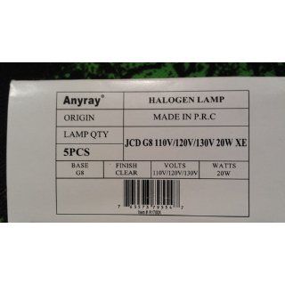 Anyray A1700X (5) pack 20 Watt XENON G8 20w 120v T4 Light Bulbs G8 base JCD Type 120 Volt 20Watt Less Than 35mm  1.38 Inch   Halogen Bulbs  