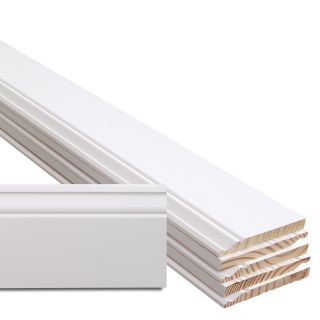 6 Piece 0.5625 in x 5.25 in x 12 ft Interior Primed Pine Base Moulding Contractor Package (Pattern L163E)