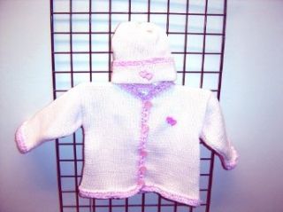 Ck605ip, Knitted on Hand Knitting Machine Then Finished By Hand Crochet Infant Girls Outfit, Containing Ivory Cotton Crocheted Pink Chenille Trim Cardigan Sweater, Hat Set with Pink Heart Applique Infant And Toddler Sweaters Clothing