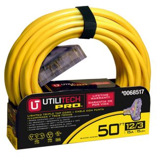Utilitech 50 ft 15 Amp 3 Outlet 12 Gauge Yellow Outdoor Extension Cord