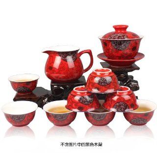 Original Chinese Tea Set (Red Design) Includes 6 Cups, 2 Plates, 1 Jug, 1 Tea Pot, 2 Stirring Spoons and 1 Red Glaze Tin Containing Individual Chinese Tea Packets Tea Services Kitchen & Dining