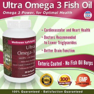 Ultra Omega 3 Fish Oil Pills   Essential Fatty Acids   High Potency Enteric Coated Burpless Supplements For Men and Women   Each Capsules Contains 1000 mg of Fish Oil Concentrate with 500 EPA / 250 DHA   90 Softgels   Only 1 a Day   Money Back Guarantee H