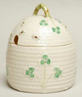Belleek Pottery (Ireland) Shamrock Honey Pot with Lid, Fine China Dinnerware   B