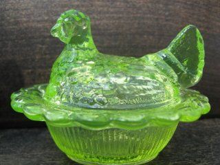 Mini Vaseline Glass Hen on Nest Chick Salt Covered Dish  Collectible Figurines  