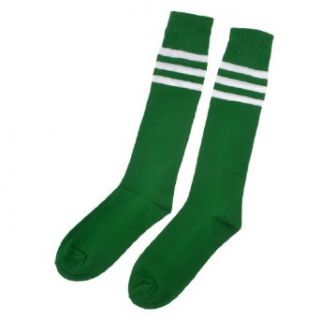 Man Elastic Stripes Knee High Soccer Hockey Socks Stockings White Green Pair Clothing