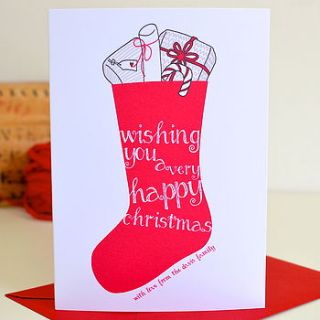 ten personalised red christmas stocking cards by becka griffin illustration