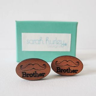 engraved wooden moustache 'brother' cufflinks by sarah hurley designs