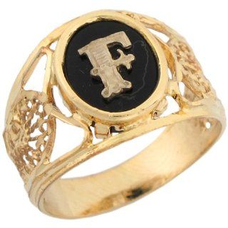 14k Yellow Gold Onyx Letter F Modern Ladies Filigree Initial Ring Jewelry