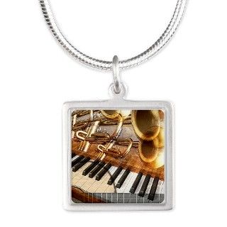 Jazz Background Piano Trum Silver Square Necklace by Admin_CP70839509