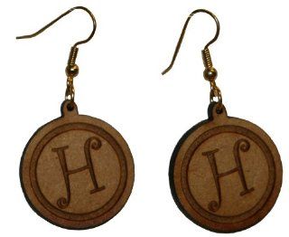 Curly Letter H earrings with 1 inch wooden beads  gold plated Jewelry