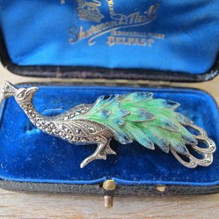 art deco silver enamel marcasite peacock brooch by ava mae designs
