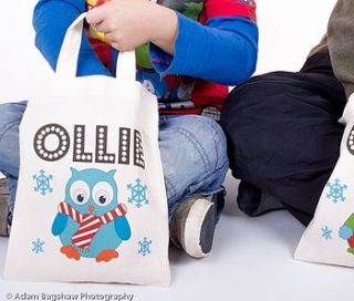 personalised mini christmas owl tote bag by tailored chocolates and gifts