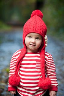 girl's red pom pom hat by baba+boo