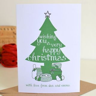 ten personalised green christmas tree cards by becka griffin illustration