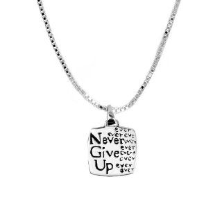 Sterling Silver "Never Ever Ever Ever Ever Give Up" Square Pendant Necklace , 18" Jewelry