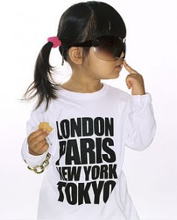 'london, paris, new york, tokyo' t shirt by snuglo